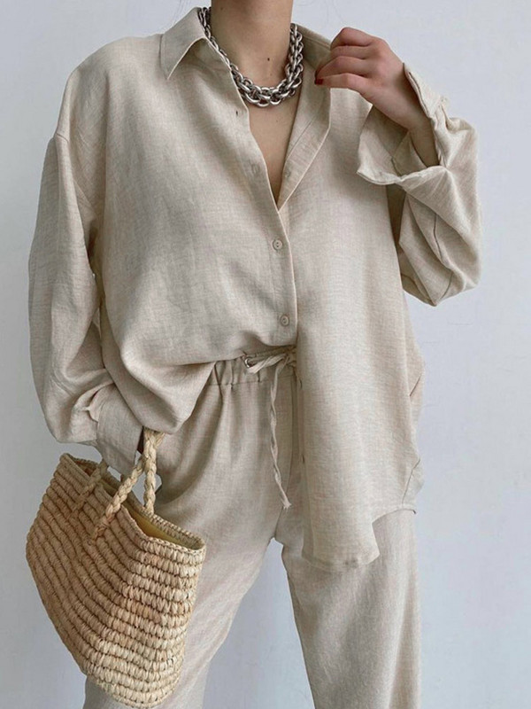 Ocazional ținută pentru femei, cu un singur piept, cu guler răsturnat, cămăși cu mânecă lungă și pantaloni harem cu dantelă elastică.