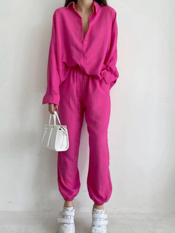 Ocazional ținută pentru femei, cu un singur piept, cu guler răsturnat, cămăși cu mânecă lungă și pantaloni harem cu dantelă elastică.