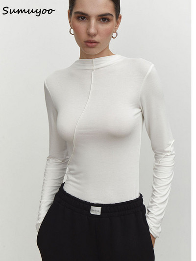 Sumuyoo Splice Slim Fit Ženska majica dugih rukava Proljeće Jesen Modna šik poludolčevita Osnovna majica ulične majice