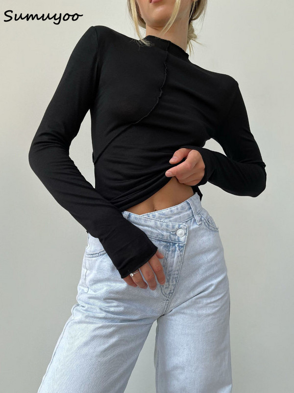 Sumuyoo Splice Slim Fit Ženska majica dugih rukava Proljeće Jesen Modna šik poludolčevita Osnovna majica ulične majice