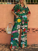 Košulja Hlače s printom Žensko jednoredno kopčanje Široki ovratnik s ovratnikom do pola rukava Komplet od 2 komada Ženske hlače širokih nogavica