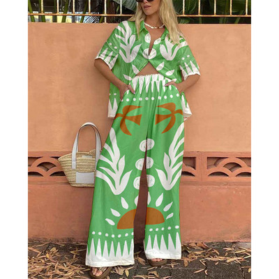 Košulja Hlače s printom Žensko jednoredno kopčanje Široki ovratnik s ovratnikom do pola rukava Komplet od 2 komada Ženske hlače širokih nogavica