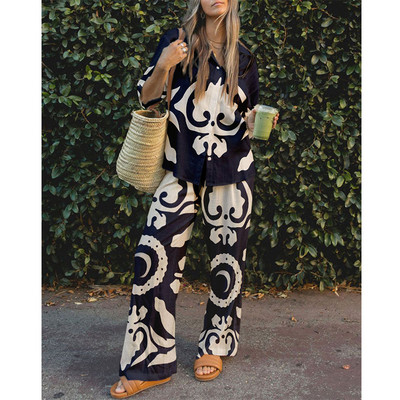 Košulja Hlače s printom Žensko jednoredno kopčanje Široki ovratnik s ovratnikom do pola rukava Komplet od 2 komada Ženske hlače širokih nogavica