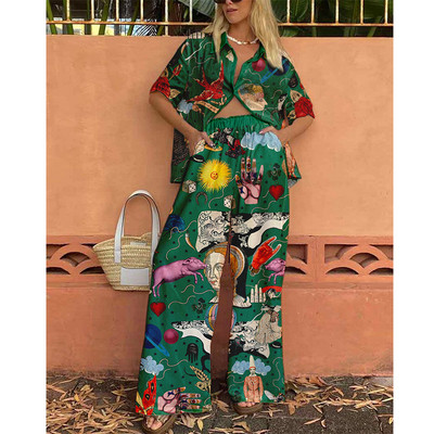 Košulja Hlače s printom Žensko jednoredno kopčanje Široki ovratnik s ovratnikom do pola rukava Komplet od 2 komada Ženske hlače širokih nogavica