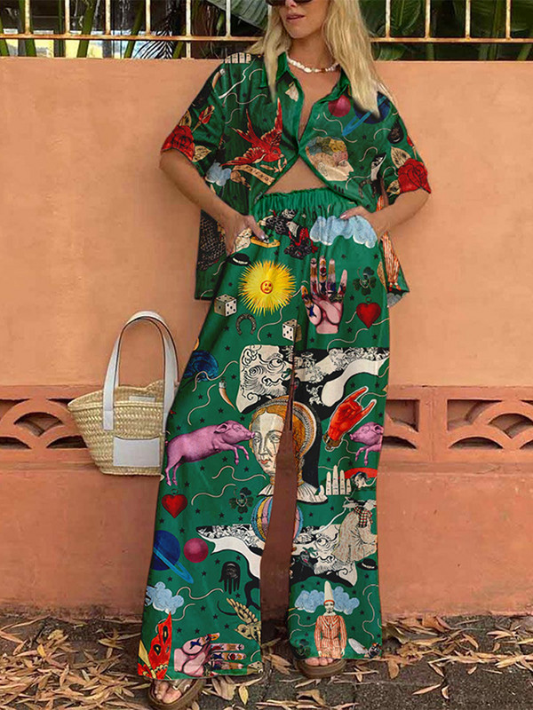 Košulja Hlače s printom Žensko jednoredno kopčanje Široki ovratnik s ovratnikom do pola rukava Komplet od 2 komada Ženske hlače širokih nogavica