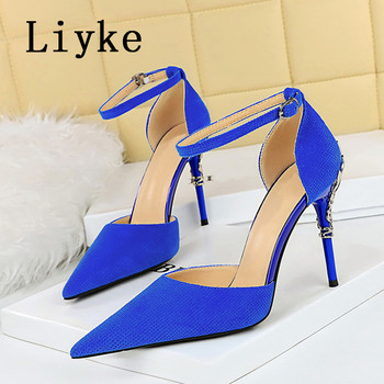 Liyke New Fashion Metal Design Stiletto Slingback Sandals Дамски помпи Пролетни остри пръсти Класически обувки на висок ток Мулета Дамски обувки