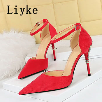 Liyke New Fashion Metal Design Stiletto Slingback Sandals Дамски помпи Пролетни остри пръсти Класически обувки на висок ток Мулета Дамски обувки