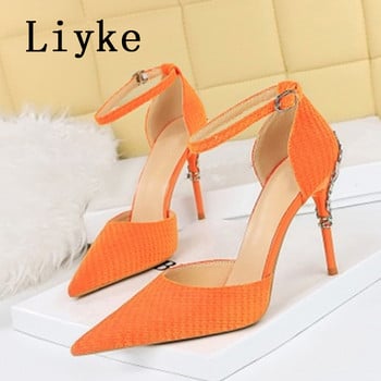 Liyke New Fashion Metal Design Stiletto Slingback Sandals Дамски помпи Пролетни остри пръсти Класически обувки на висок ток Мулета Дамски обувки