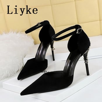 Liyke New Fashion Metal Design Stiletto Slingback Sandals Дамски помпи Пролетни остри пръсти Класически обувки на висок ток Мулета Дамски обувки