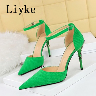 Liyke New Fashion Metal Design Stiletto Slingback Sandals Дамски помпи Пролетни остри пръсти Класически обувки на висок ток Мулета Дамски обувки