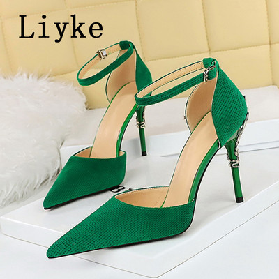 Liyke New Fashion Metal Design Stiletto Slingback Sandals Дамски помпи Пролетни остри пръсти Класически обувки на висок ток Мулета Дамски обувки