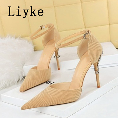 Liyke New Fashion Metal Design Stiletto Slingback Sandals Дамски помпи Пролетни остри пръсти Класически обувки на висок ток Мулета Дамски обувки