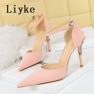 Liyke New Fashion Metal Design Stiletto Slingback Sandals Дамски помпи Пролетни остри пръсти Класически обувки на висок ток Мулета Дамски обувки