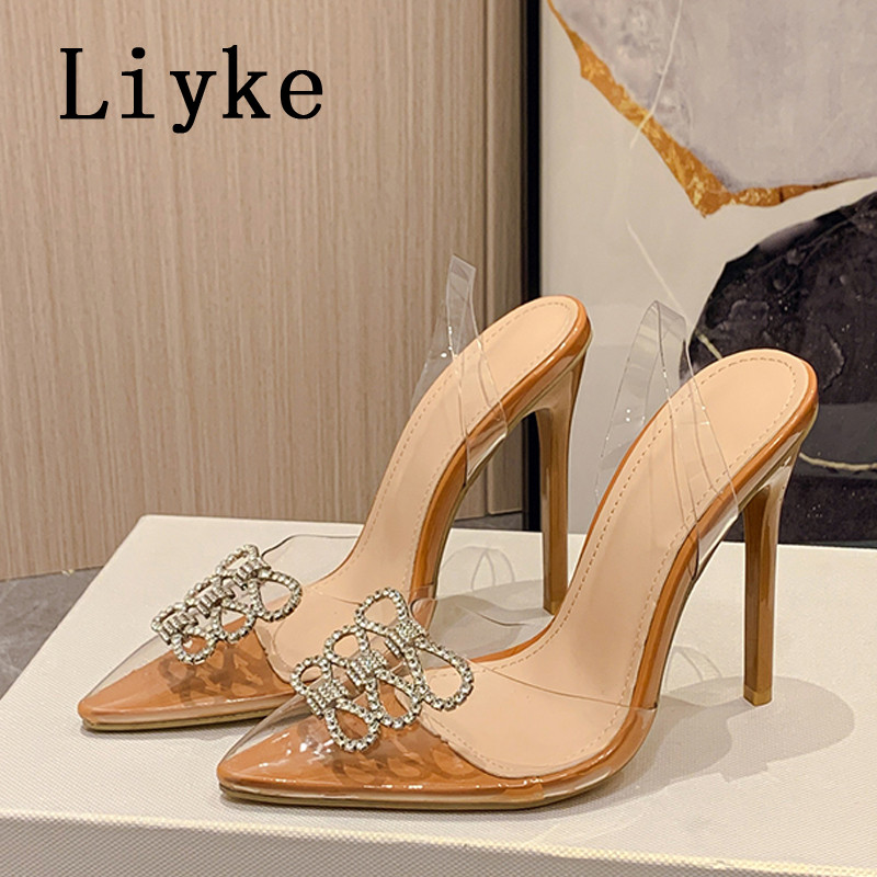 Liyke 2023 Nové módne dámske lodičky s kamienkami a krištáľovou mašľou z PVC, priehľadné, so špicatou špičkou, ružové vysoké podpätky, svadobné a plesové topánky