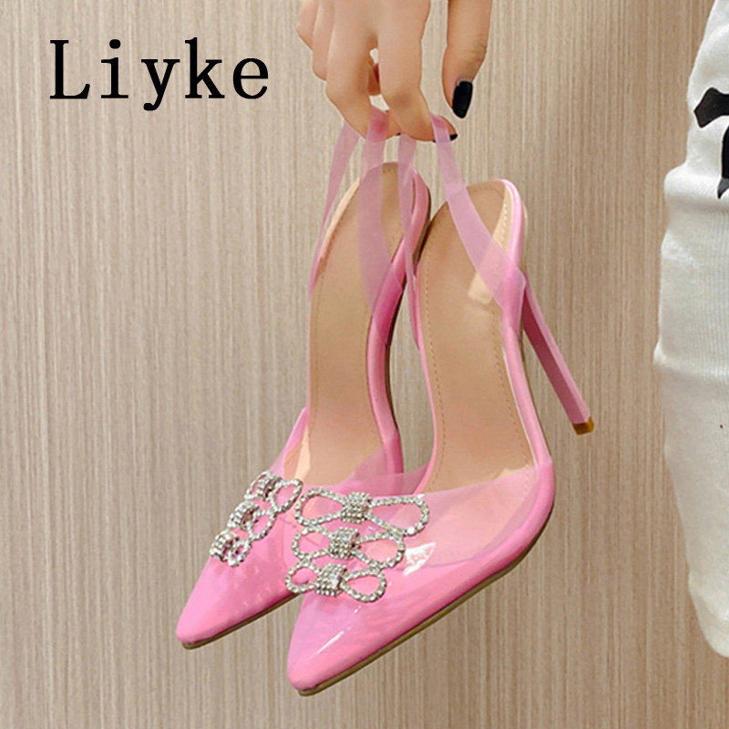 Liyke 2023 Nové módne dámske lodičky s kamienkami a krištáľovou mašľou z PVC, priehľadné, so špicatou špičkou, ružové vysoké podpätky, svadobné a plesové topánky