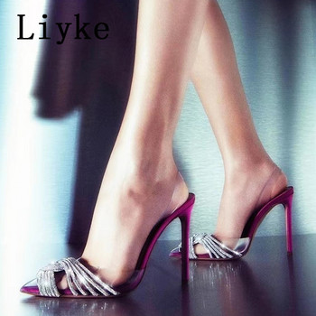 Liyke Пролет Есен 2023 Дамски сребърни обувки на висок ток Секси обувки с остри пръсти Прозрачни помпи Сандали Сватбени обувки с кристали Стилети
