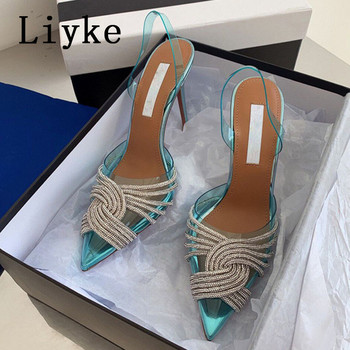 Liyke Пролет Есен 2023 Дамски сребърни обувки на висок ток Секси обувки с остри пръсти Прозрачни помпи Сандали Сватбени обувки с кристали Стилети