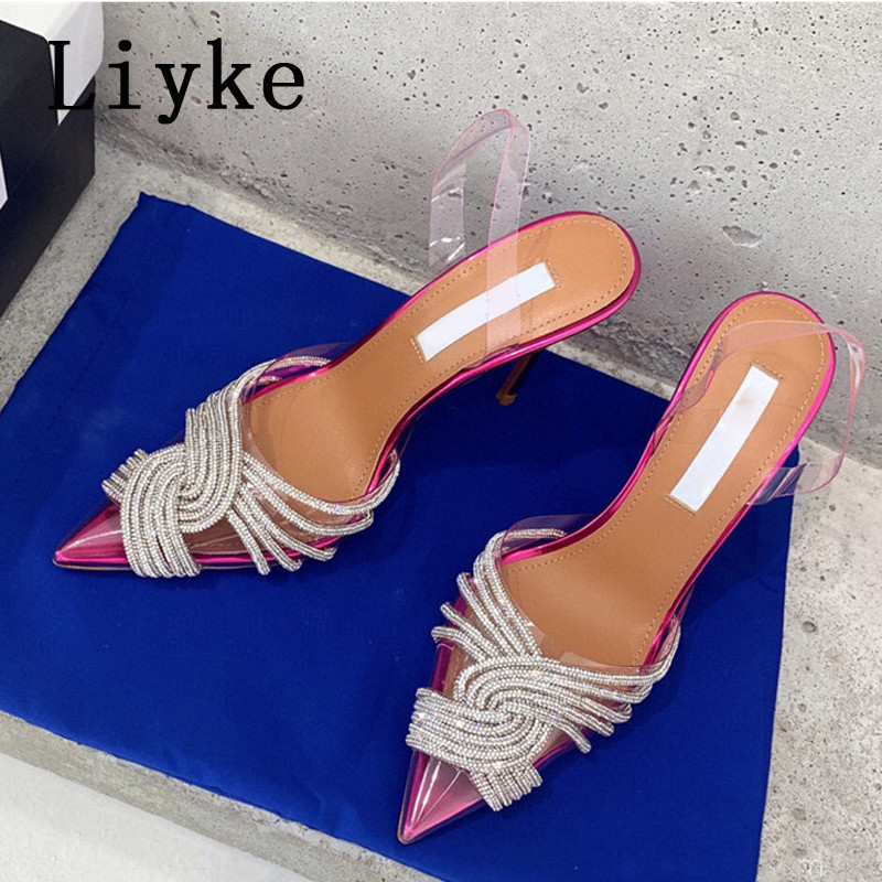 Liyke proljeće jesen 2023., ženske srebrne visoke potpetice, seksi špicasti vrhovi, prozirne salonke, sandale, vjenčane cipele s dijamantima, štikle
