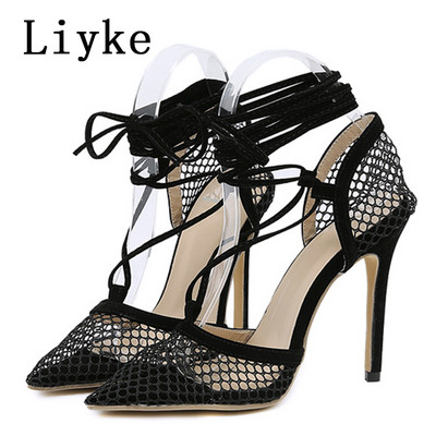 Liyke 2023 Nové čierne sieťované dámske lodičky, sexy, špicaté, so šnurovaním, vysoké podpätky, nočný klub, striptérske topánky, dámske