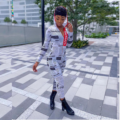 Visoko modne majice s kapuljačom Ženski kombinezon Punih rukava Kombinezoni s novinskim printom za žene Body Mujer