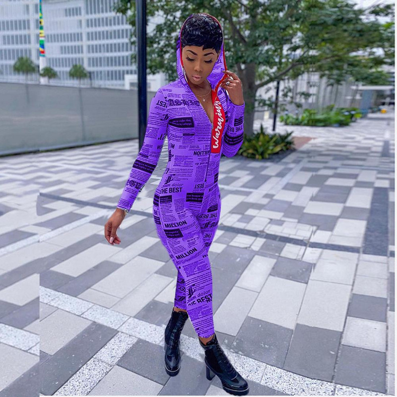 Visoko modne majice s kapuljačom Ženski kombinezon Punih rukava Kombinezoni s novinskim printom za žene Body Mujer