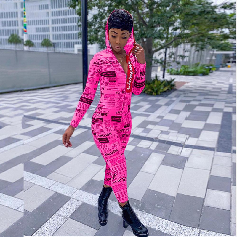 Visoko modne majice s kapuljačom Ženski kombinezon Punih rukava Kombinezoni s novinskim printom za žene Body Mujer