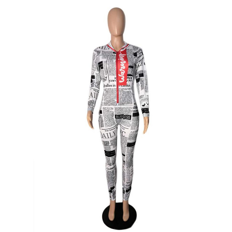 Visoko modne majice s kapuljačom Ženski kombinezon Punih rukava Kombinezoni s novinskim printom za žene Body Mujer