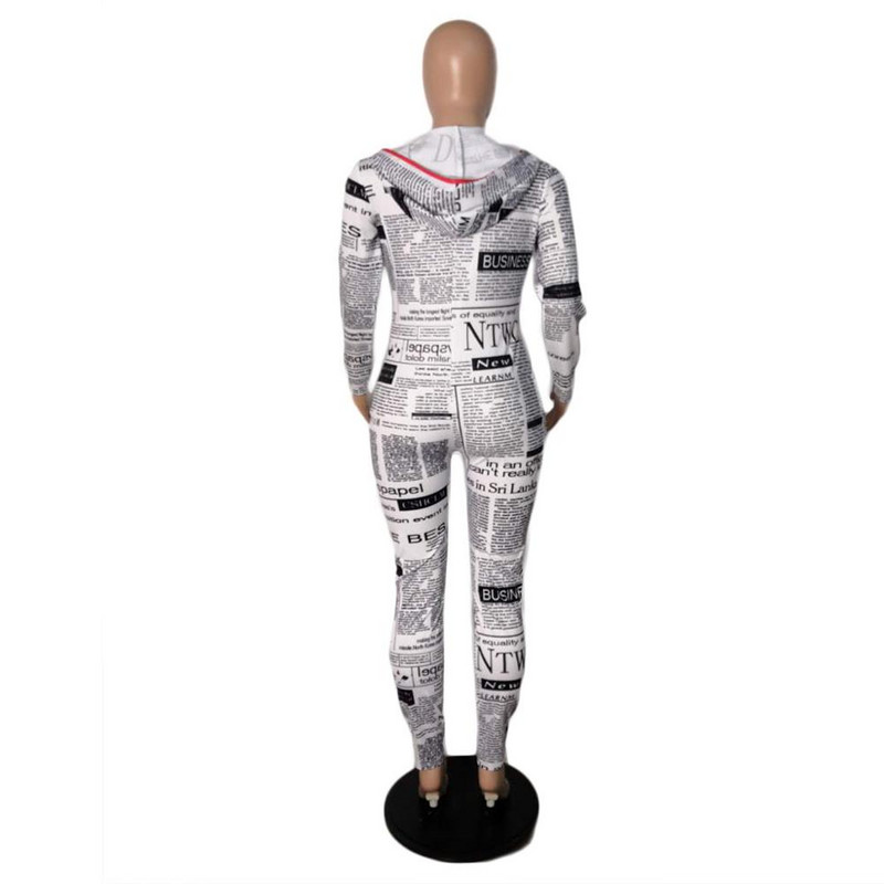 Visoko modne majice s kapuljačom Ženski kombinezon Punih rukava Kombinezoni s novinskim printom za žene Body Mujer