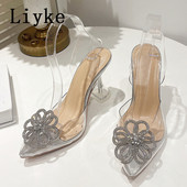 Liyke Módne strieborné krištáľové dámske lodičky Slingback sandále Letné špicaté špičky Transparentné zvláštne vysoké podpätky Párty Svadobné topánky