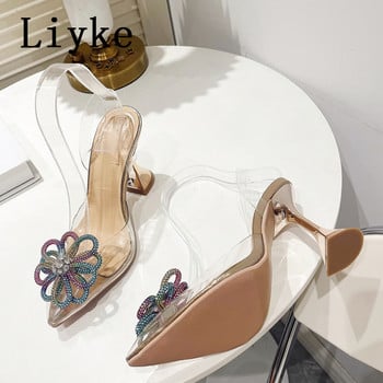 Liyke Fashion Silver Crystal Women Pumps Σανδάλια Slingback Καλοκαιρινά μυτερά Διαφανή παράξενα ψηλοτάκουνα παπούτσια γάμου