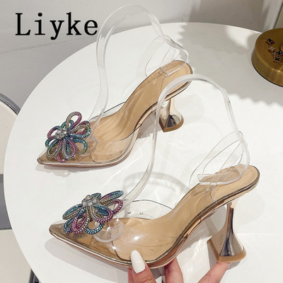 Liyke Módne strieborné krištáľové dámske lodičky Slingback sandále Letné špicaté špičky Transparentné zvláštne vysoké podpätky Párty Svadobné topánky