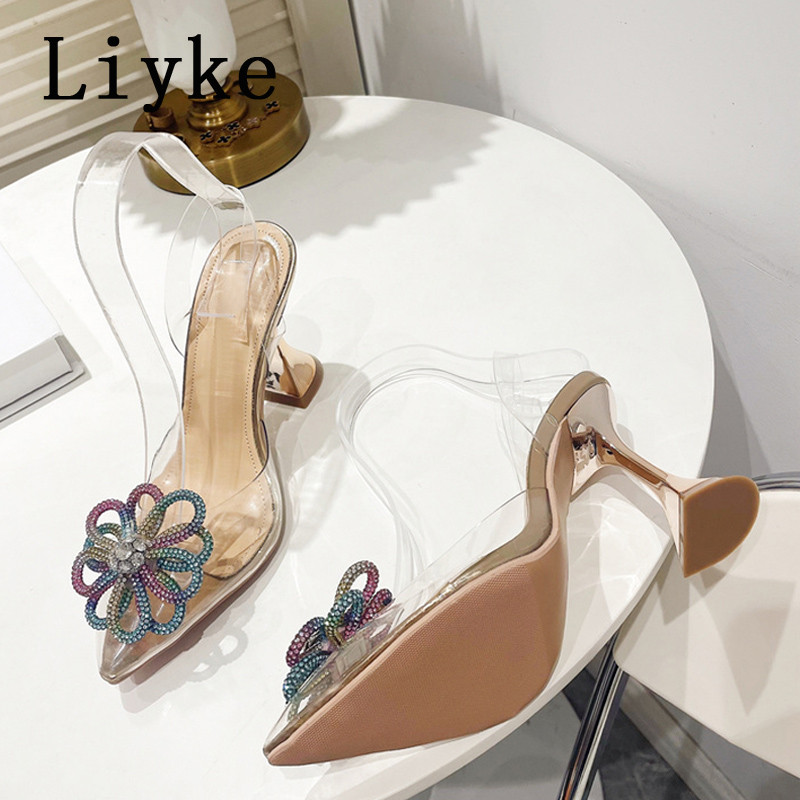 Liyke Módne strieborné krištáľové dámske lodičky Slingback sandále Letné špicaté špičky Transparentné zvláštne vysoké podpätky Párty Svadobné topánky