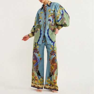 Dámske obleky s francúzskym vintage potlačou, polokošeľa s bublinovými rukávmi a dlhým rukávom + nohavice s vysokým pásom a širokými nohavicami