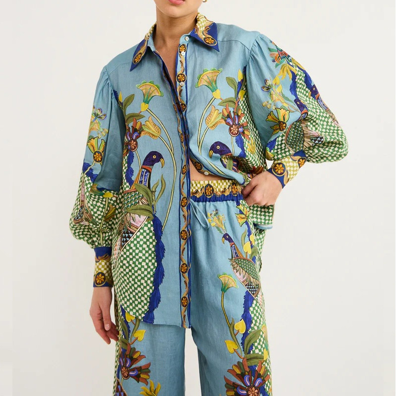 Dámske obleky s francúzskym vintage potlačou, polokošeľa s bublinovými rukávmi a dlhým rukávom + nohavice s vysokým pásom a širokými nohavicami