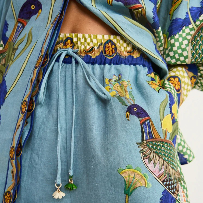 Dámske obleky s francúzskym vintage potlačou, polokošeľa s bublinovými rukávmi a dlhým rukávom + nohavice s vysokým pásom a širokými nohavicami