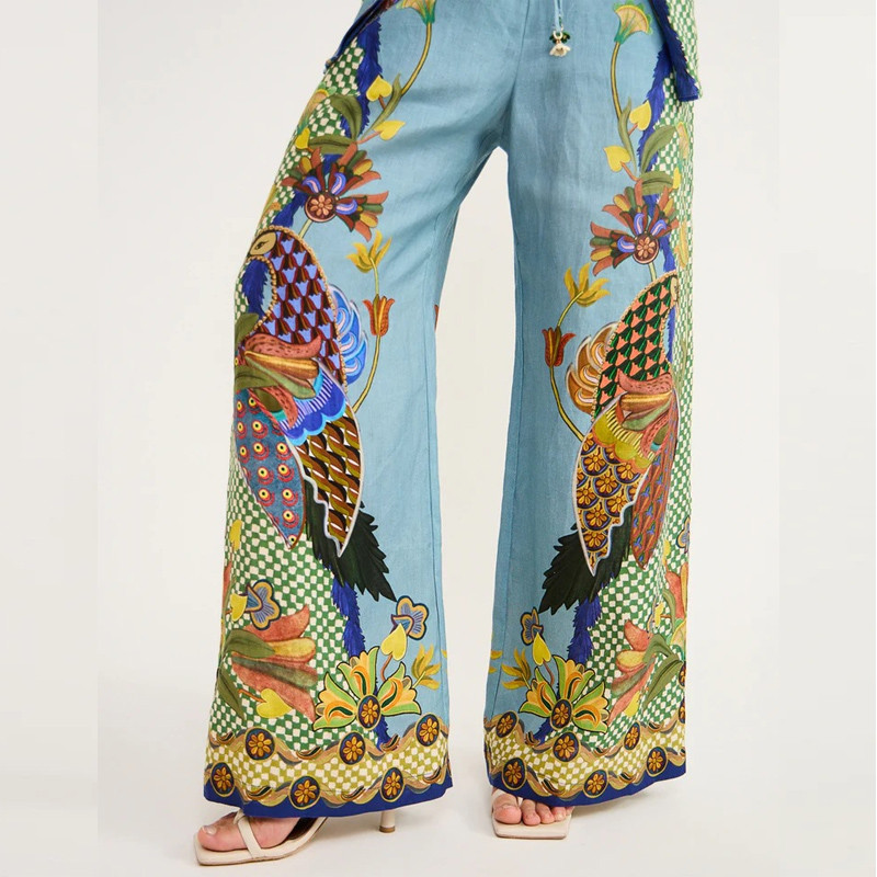 Dámske obleky s francúzskym vintage potlačou, polokošeľa s bublinovými rukávmi a dlhým rukávom + nohavice s vysokým pásom a širokými nohavicami