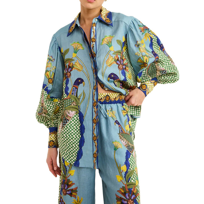 Dámske obleky s francúzskym vintage potlačou, polokošeľa s bublinovými rukávmi a dlhým rukávom + nohavice s vysokým pásom a širokými nohavicami