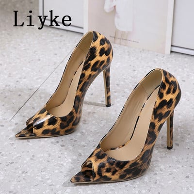 Liyke New Sexy imprimeu leopard din piele cu vârf deschis 12 cm tocuri înalte femei pompe rochie de petrecere de vară pantofi stiletto cu pantofi mărimea 42