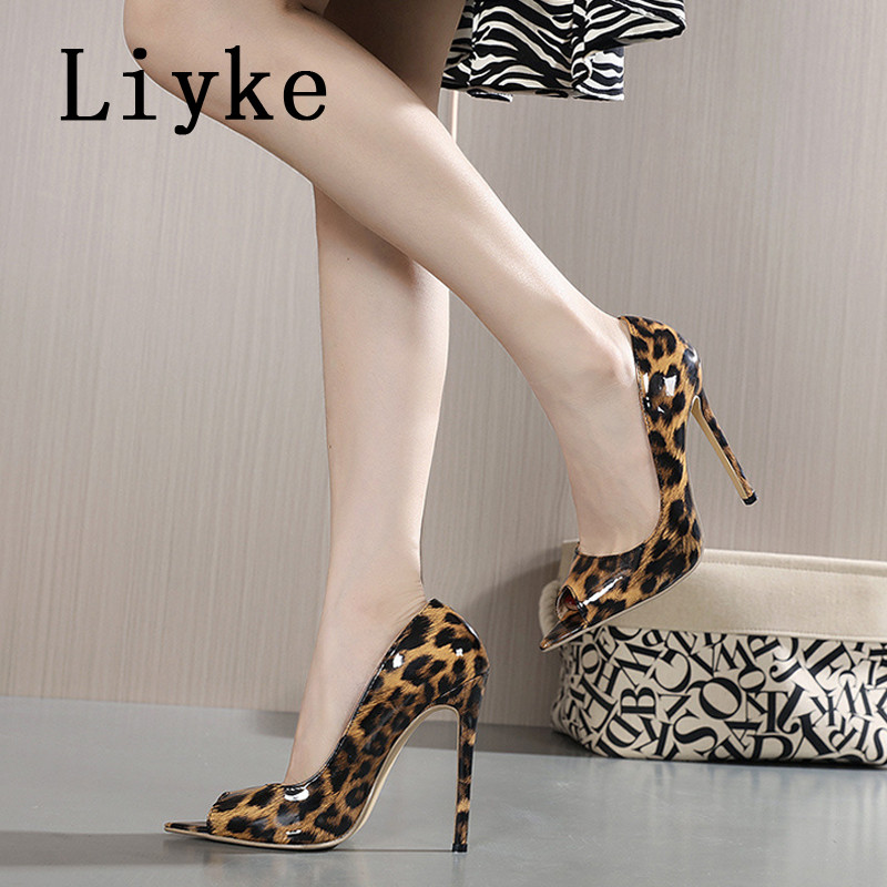 Liyke New Sexy imprimeu leopard din piele cu vârf deschis 12 cm tocuri înalte femei pompe rochie de petrecere de vară pantofi stiletto cu pantofi mărimea 42