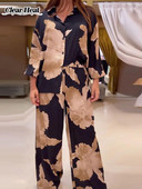 Moda largi imprimeu guler polo cămașă cu mânecă lungă Set pantaloni cu picioare largi pentru femei Costume de top cu un singur piept Vară Seturi noi 2 piese