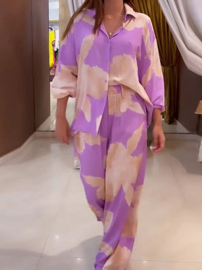 Moda largi imprimeu guler polo cămașă cu mânecă lungă Set pantaloni cu picioare largi pentru femei Costume de top cu un singur piept Vară Seturi noi 2 piese