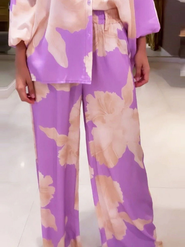 Modna majica širokih rukava širokih rukava s opuštenim printom, polo ovratnikom, komplet hlača za žene s jednim kopčanjem, ljetni novi kompleti od 2 komada