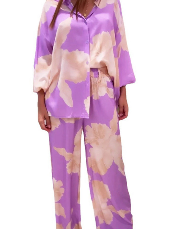 Modna majica širokih rukava širokih rukava s opuštenim printom, polo ovratnikom, komplet hlača za žene s jednim kopčanjem, ljetni novi kompleti od 2 komada