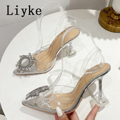 Dámske sandále Liyke s kamienkami a prackou, zdobené kamienkami, na vysokých podpätkoch, módne, mäkké PVC, priehľadné, letné, spoločenské, spoločenské topánky