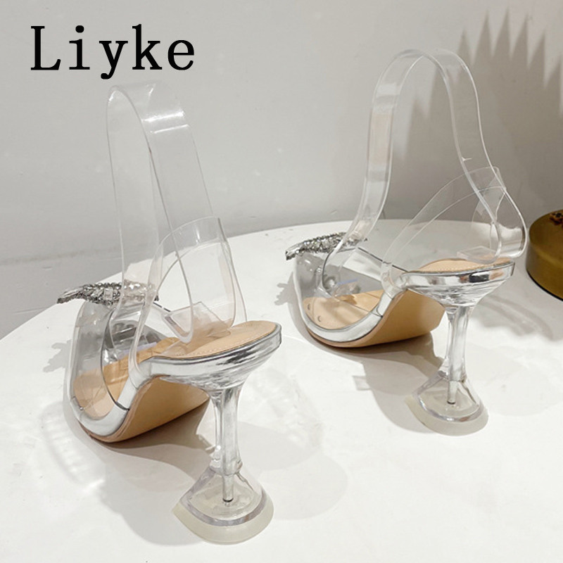 Dámske sandále Liyke s kamienkami a prackou, zdobené kamienkami, na vysokých podpätkoch, módne, mäkké PVC, priehľadné, letné, spoločenské, spoločenské topánky