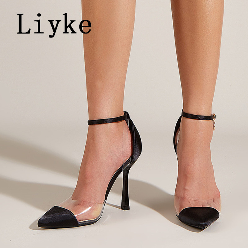 Liyke Tocuri înalte negre pentru femei, sexy, confortabile, din satin, cu pompe cu vârf ascuțit, sandale, pentru femei, pentru petrecerea de vară, pantofi de bal, pantofi stiletto, 2023