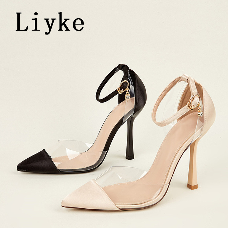 Liyke Tocuri înalte negre pentru femei, sexy, confortabile, din satin, cu pompe cu vârf ascuțit, sandale, pentru femei, pentru petrecerea de vară, pantofi de bal, pantofi stiletto, 2023