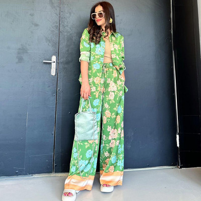 Dámske voľné nohavice s dlhým rukávom a golierom, voľné, s golierom a širokými nohavicami, sťahovacou šnúrkou