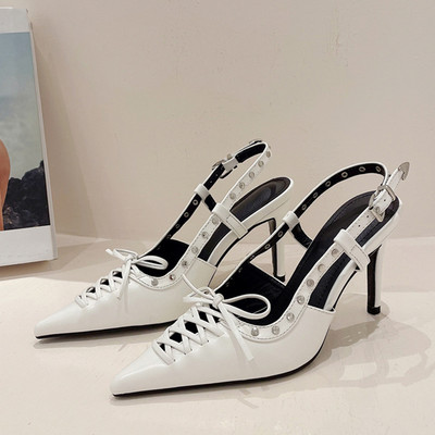 Liyke čiernobiele dámske vysoké podpätky 8,5 cm, módne nitované pracky vzadu, dámske lodičky s dutou krížovou viazanou špičkou a špicatou špičkou