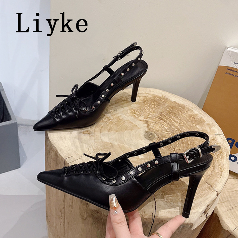 Liyke čiernobiele dámske vysoké podpätky 8,5 cm, módne nitované pracky vzadu, dámske lodičky s dutou krížovou viazanou špičkou a špicatou špičkou